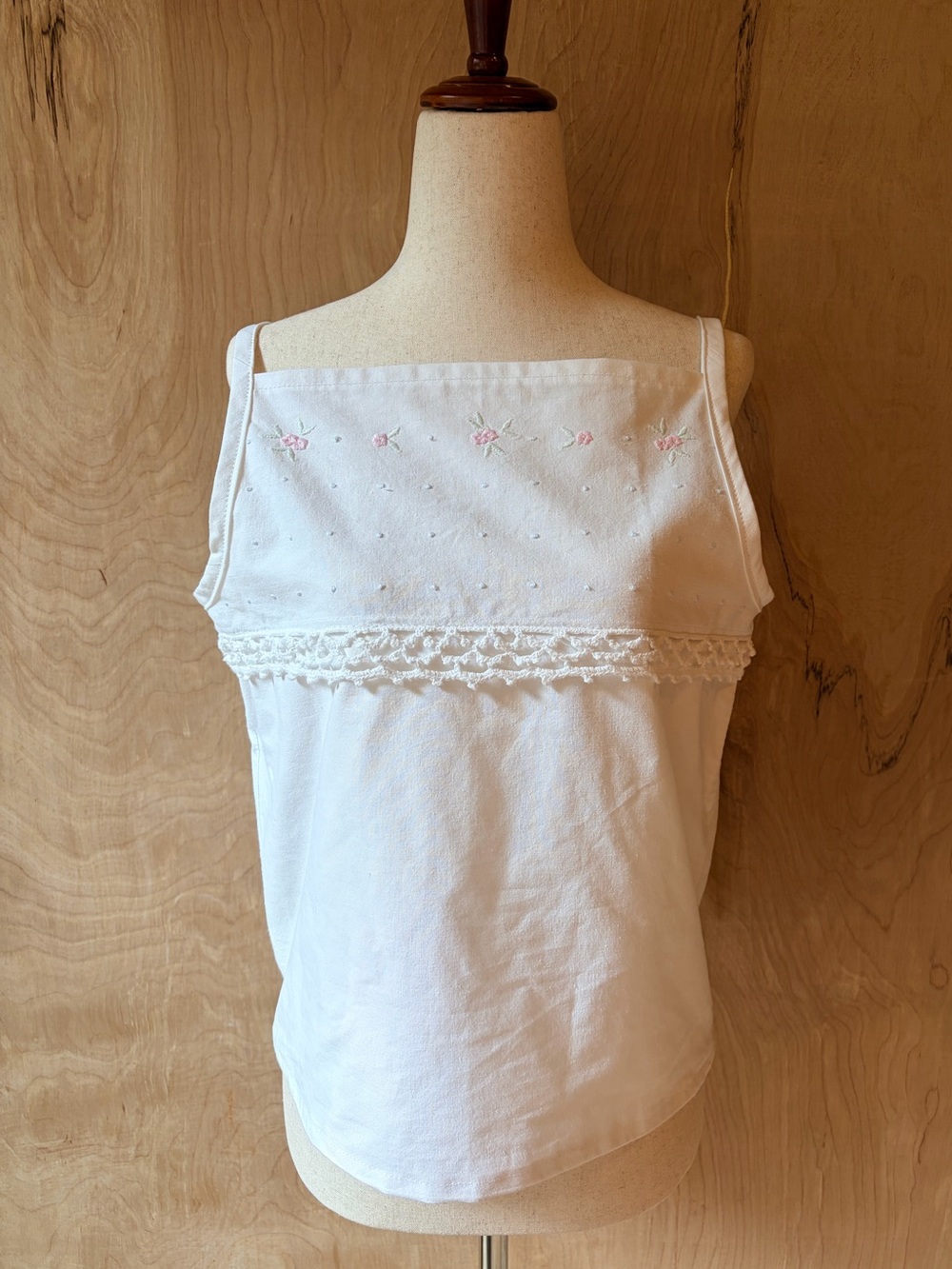White Lace-Trim Tank Top with Pink Embroidery - Reworked From Vintage Pillowcase